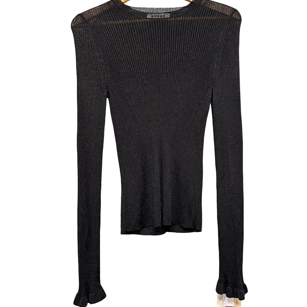 Boden Black Ribbed Metallic Long Sleeve Ruffle Trim Blouse Top Medium Slim Fit